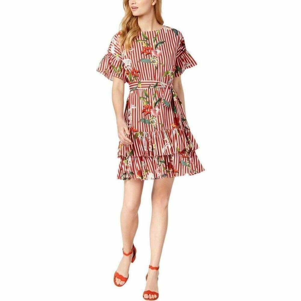 Julia Jordan Red White Stripe Floral Ruffle Dress